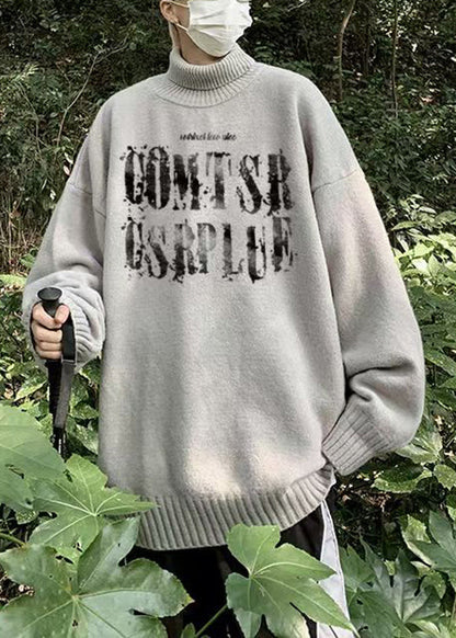 Grey Print Cozy Knit Men Sweaters Turtleneck