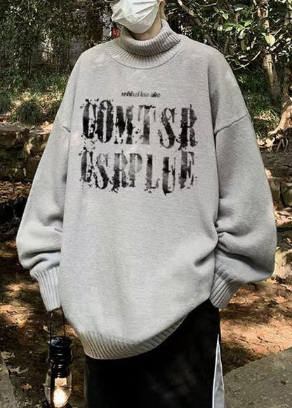 Grey Print Cozy Knit Men Sweaters Turtleneck