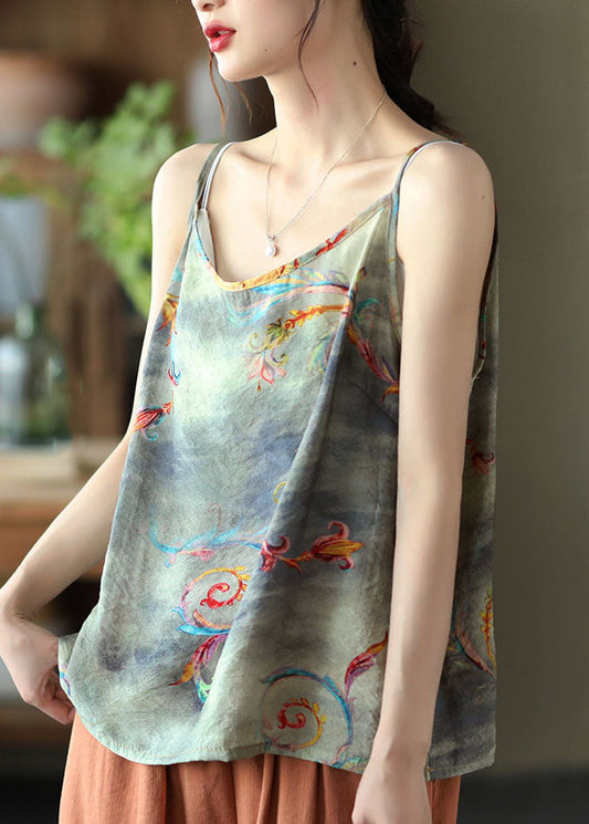 Grau Print Patchwork Leinen Spaghetti Strap Tank O Neck Sommer