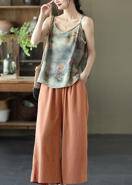 Grau Print Patchwork Leinen Spaghetti Strap Tank O Neck Sommer