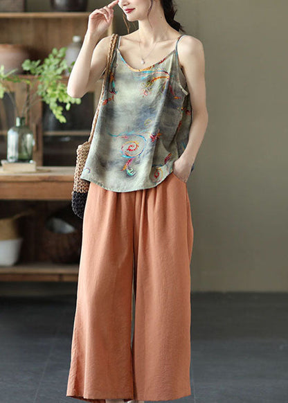 Grau Print Patchwork Leinen Spaghetti Strap Tank O Neck Sommer