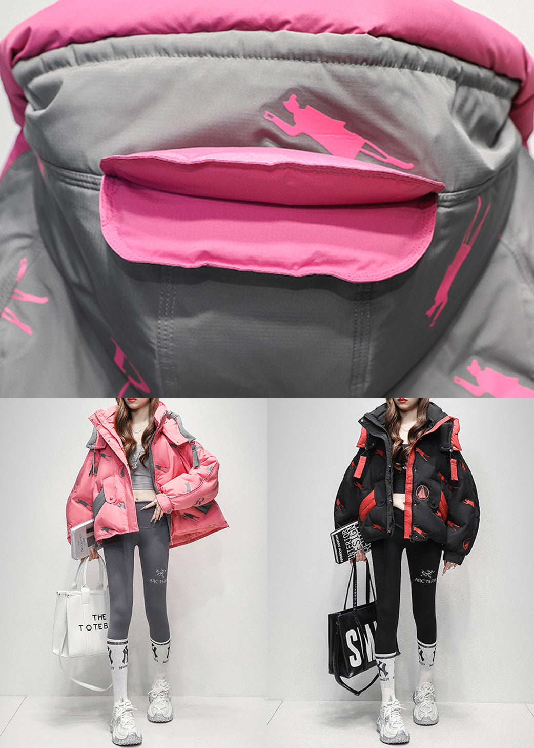 Abrigo de invierno con capucha y bolsillos estampados en gris