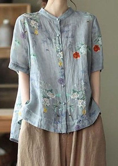 Blaue Polka Dots Print Baumwollhemden Low High Design Kurzarm