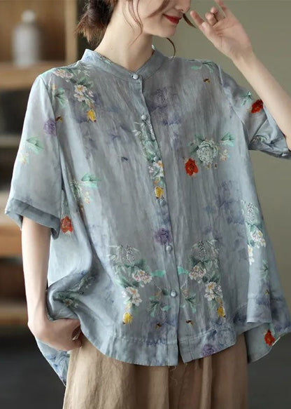 Blaue Polka Dots Print Baumwollhemden Low High Design Kurzarm