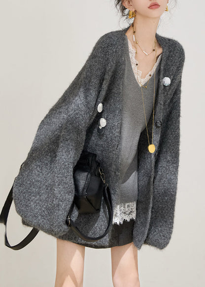 Graue Pailletten-Cardigans aus einfarbigem Baumwollstrick für den Frühling