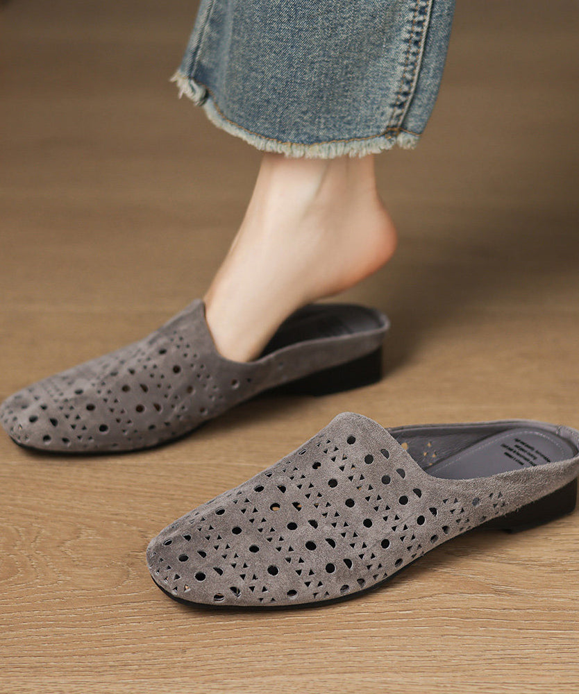 Grey Sheepskin Casual Hollow Out Thong Sandals
