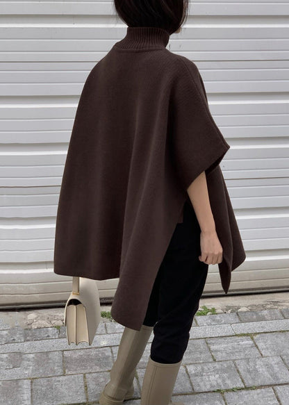 Grauer, seitlich offener, einfarbiger Strickpullover im Cape-Stil mit Rollkragen und Fledermausärmeln