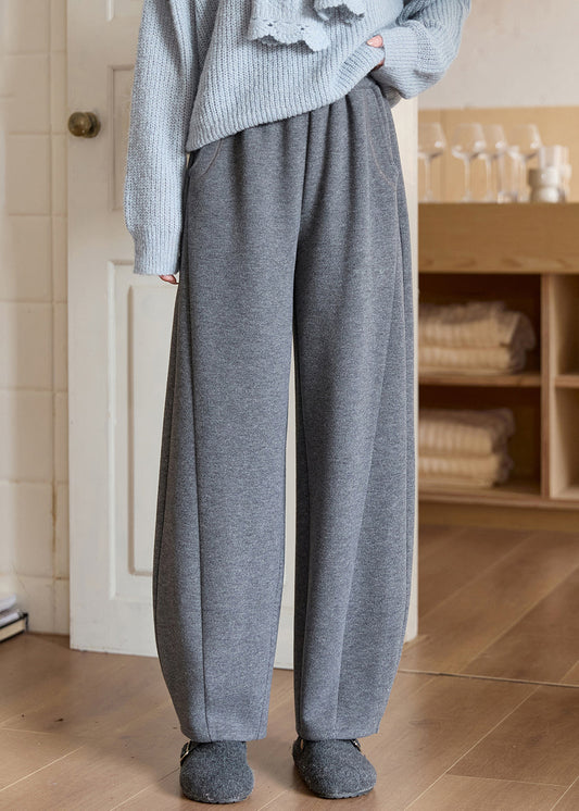 Grey Solid Casual Woolen Pants Elastic Waist