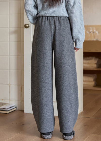 Grey Solid Casual Woolen Pants Elastic Waist