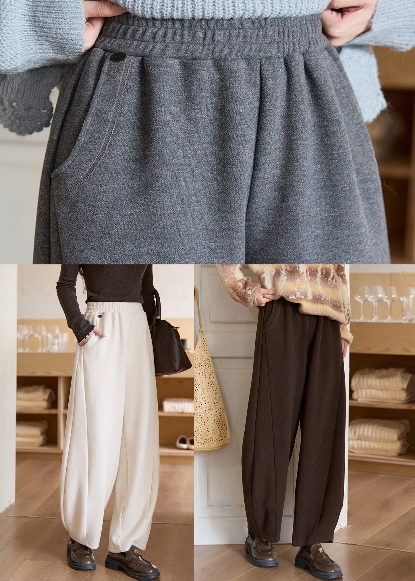 Grey Solid Casual Woolen Pants Elastic Waist