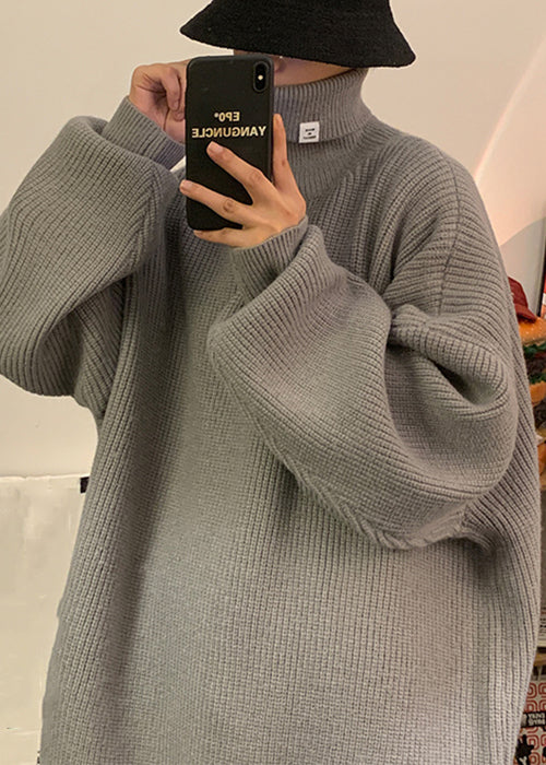 Grey Solid Cozy Men Sweater Tops Turtleneck