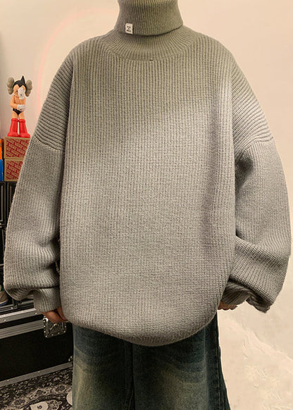 Grey Solid Cozy Men Sweater Tops Turtleneck