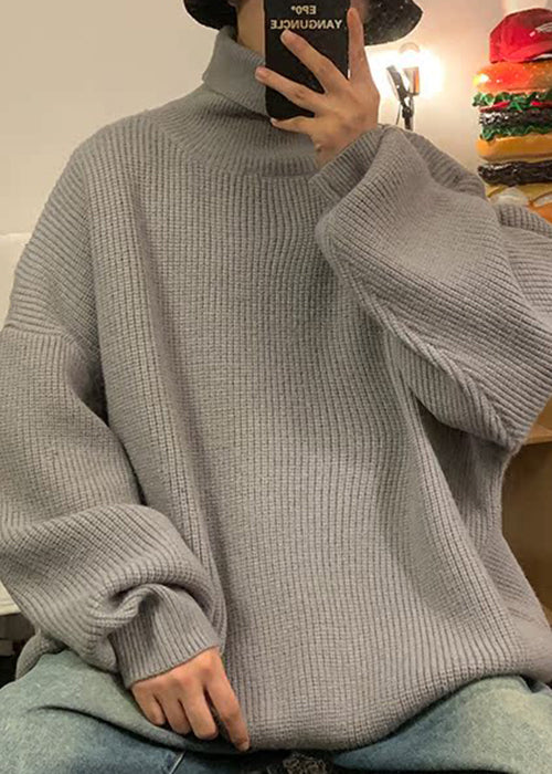Grey Solid Cozy Men Sweater Tops Turtleneck