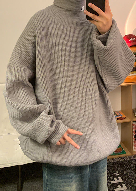 Grey Solid Cozy Men Sweater Tops Turtleneck