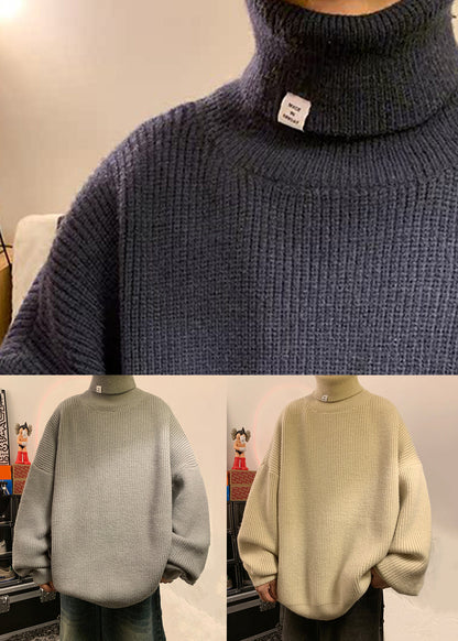Grey Solid Cozy Men Sweater Tops Turtleneck