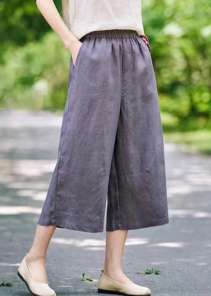Grey Solid Linen Summer Wide Leg Pants Elastic Waist