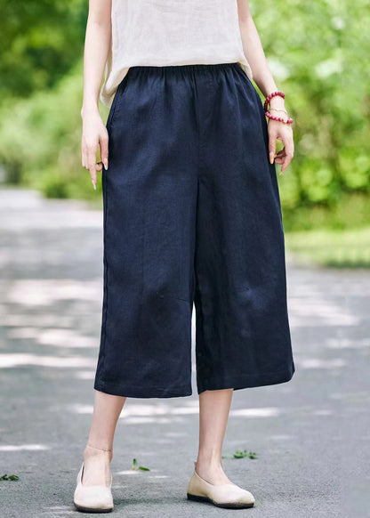 Grey Solid Linen Summer Wide Leg Pants Elastic Waist