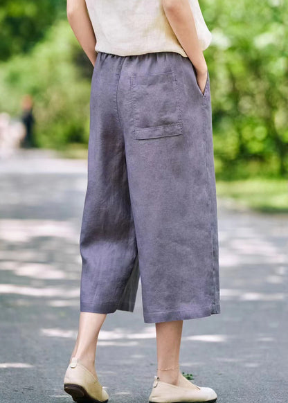 Grey Solid Linen Summer Wide Leg Pants Elastic Waist