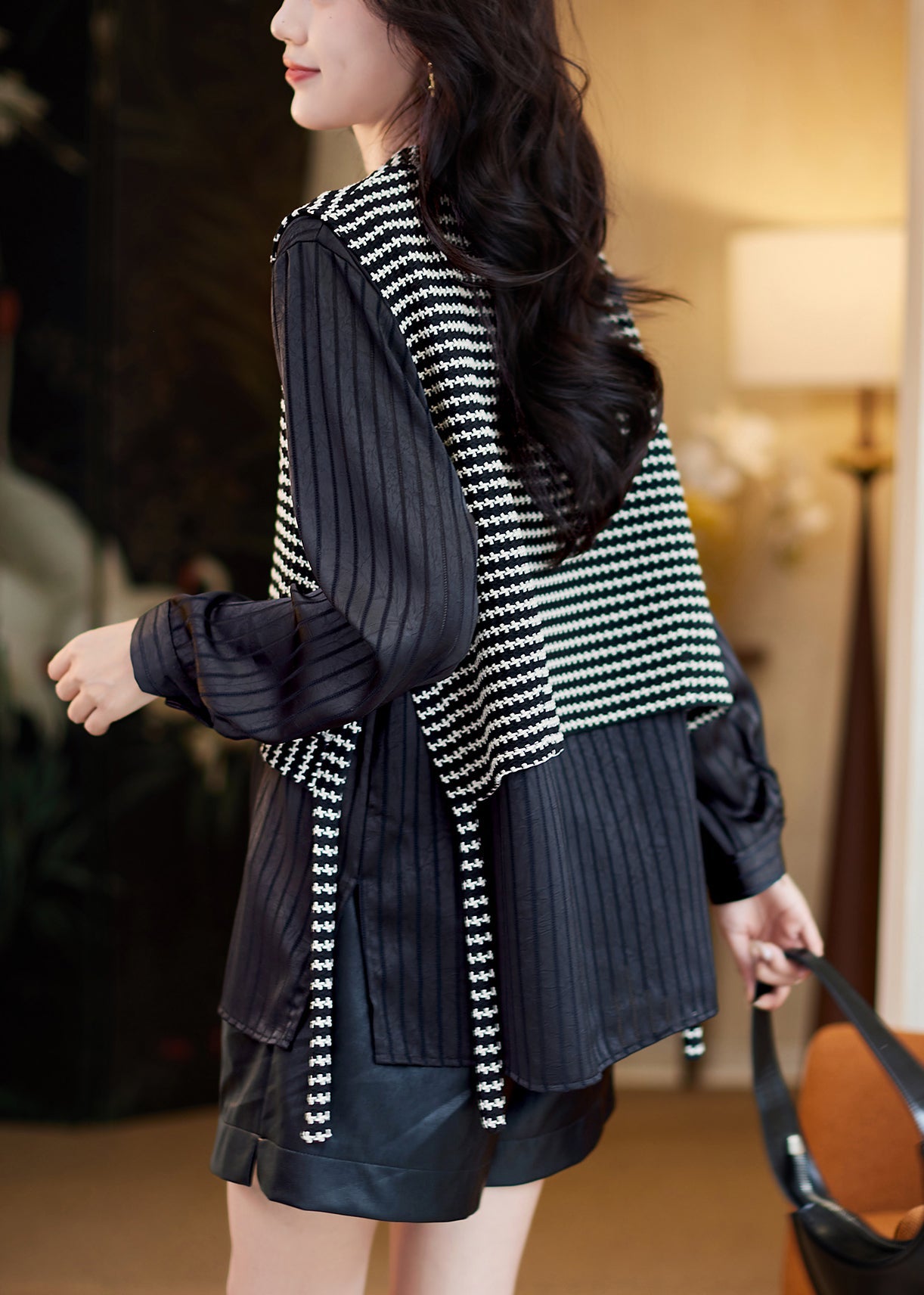 Grey Striped False Two Pieces Patchwork Cotton T Shirt Spring