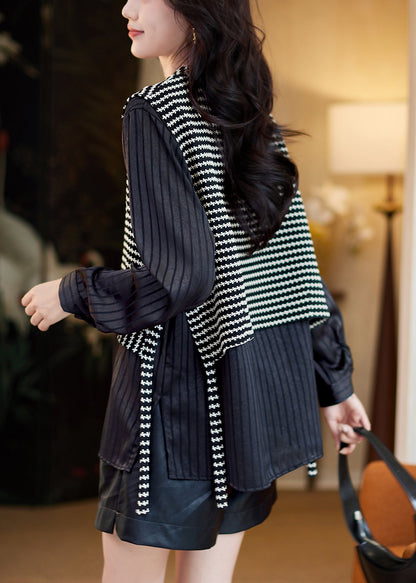 Grey Striped False Two Pieces Patchwork Cotton T Shirt Spring