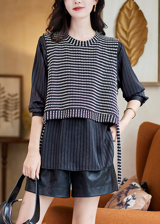 Grey Striped False Two Pieces Patchwork Cotton T Shirt Spring