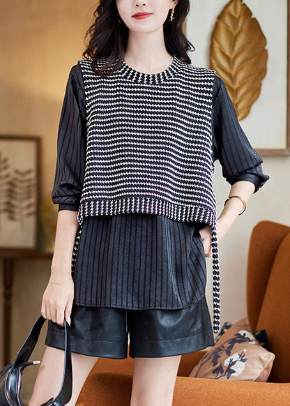 Grey Striped False Two Pieces Patchwork Cotton T Shirt Spring