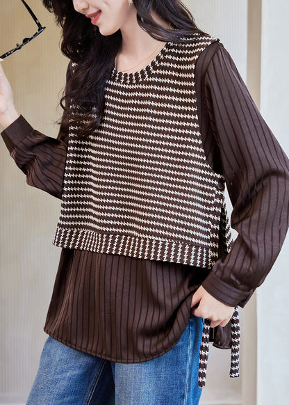 Grey Striped False Two Pieces Patchwork Cotton T Shirt Spring