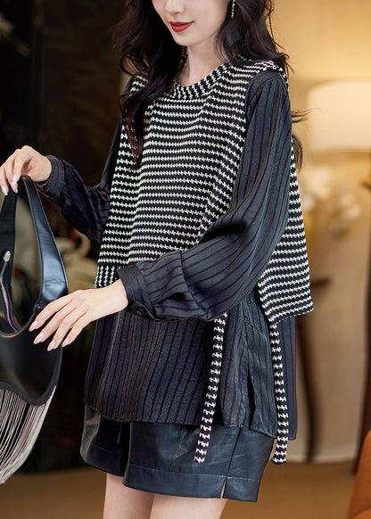 Grey Striped False Two Pieces Patchwork Cotton T Shirt Spring