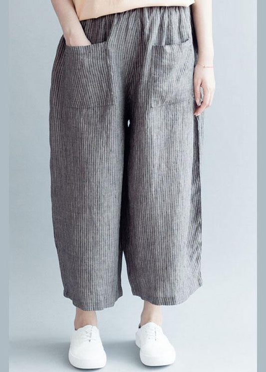 Grey Striped Pockets Wide Leg Fall Casual Pants - SooLinen