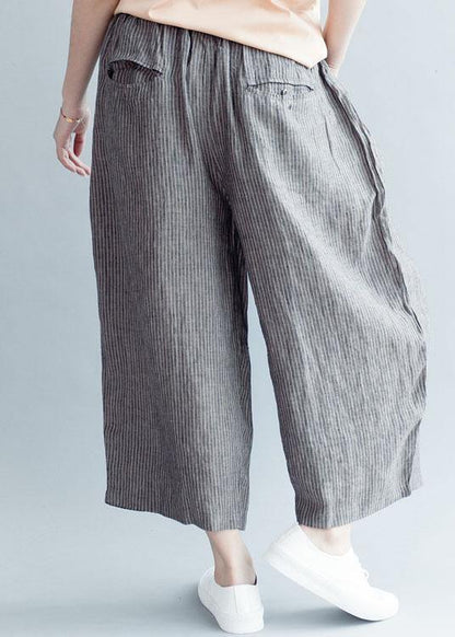 Grey Striped Pockets Wide Leg Fall Casual Pants - SooLinen