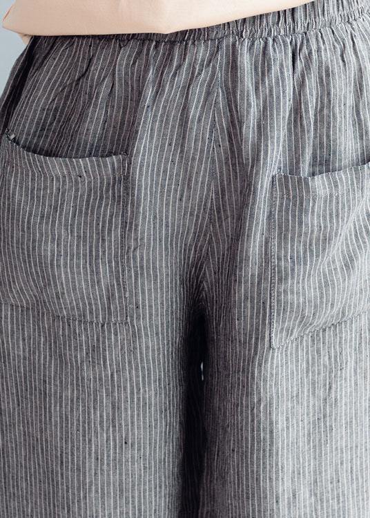 Grey Striped Pockets Wide Leg Fall Casual Pants - SooLinen