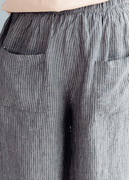 Grey Striped Pockets Wide Leg Fall Casual Pants - SooLinen