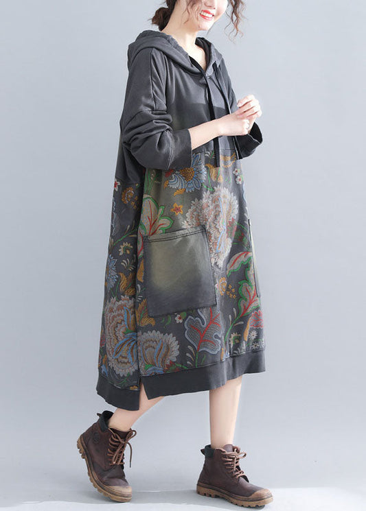 Grau Sweatshirt Kleider Kapuzen Kordelzug Taschen Frühling