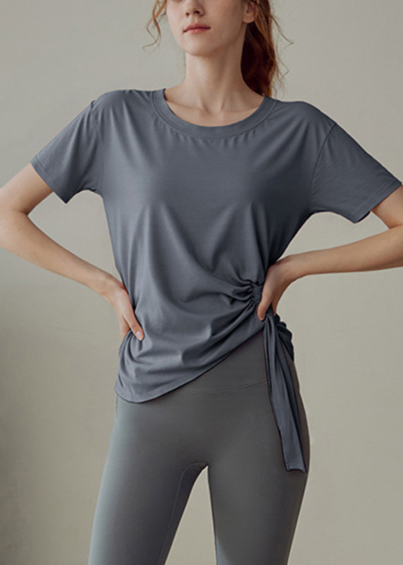 Grey Wrinkled Patchwork Solid Yoga Shirts