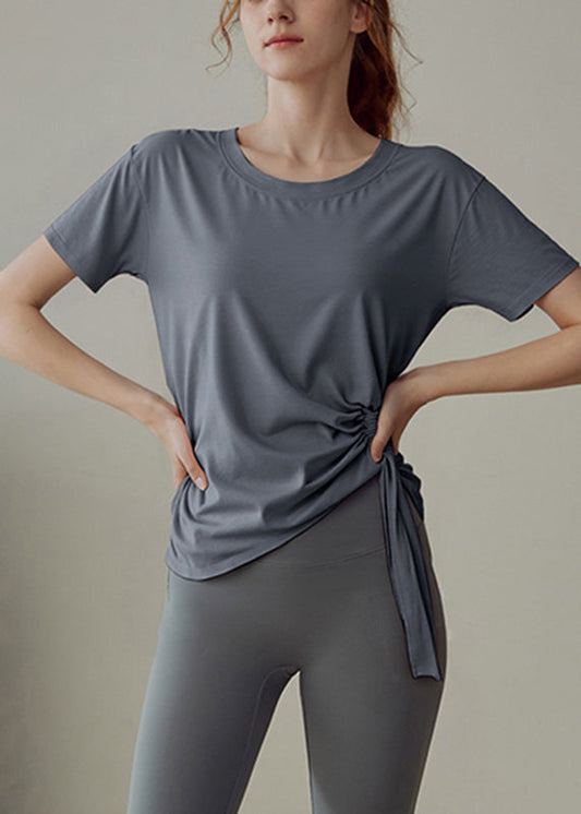 Grey Wrinkled Patchwork Solid Yoga Shirts