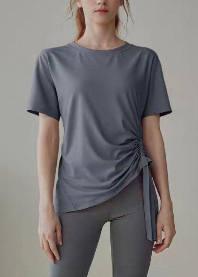 Grey Wrinkled Patchwork Solid Yoga Shirts