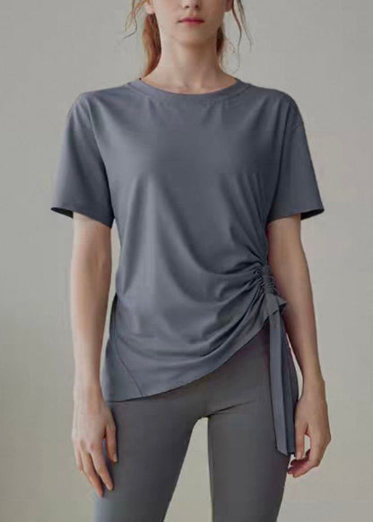 Grey Wrinkled Patchwork Solid Yoga Shirts