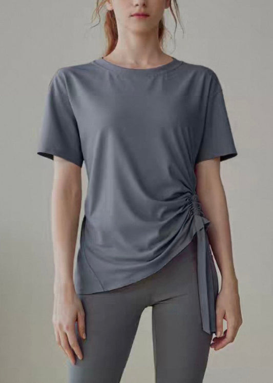 Grey Wrinkled Patchwork Solid Yoga Shirts