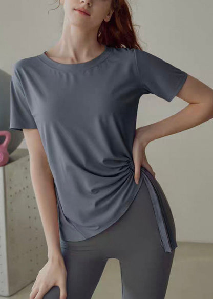 Grey Wrinkled Patchwork Solid Yoga Shirts