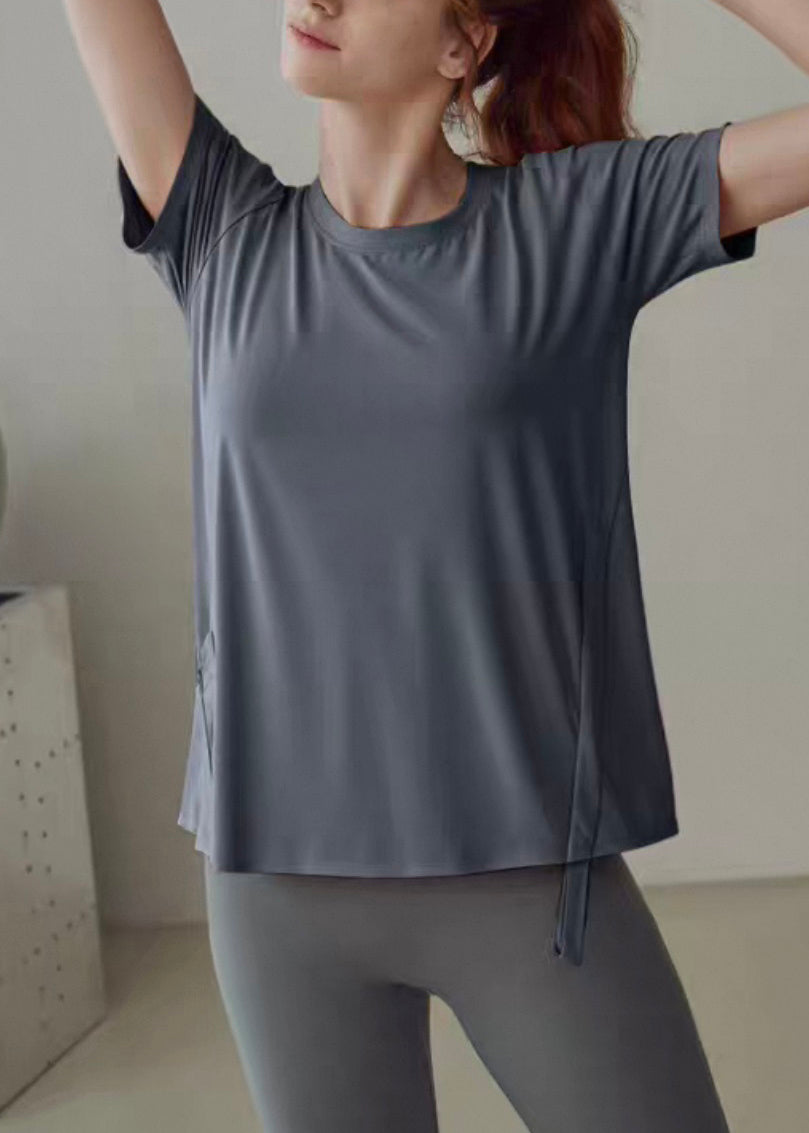 Grey Wrinkled Patchwork Solid Yoga Shirts