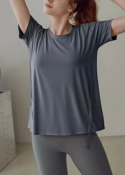 Grey Wrinkled Patchwork Solid Yoga Shirts