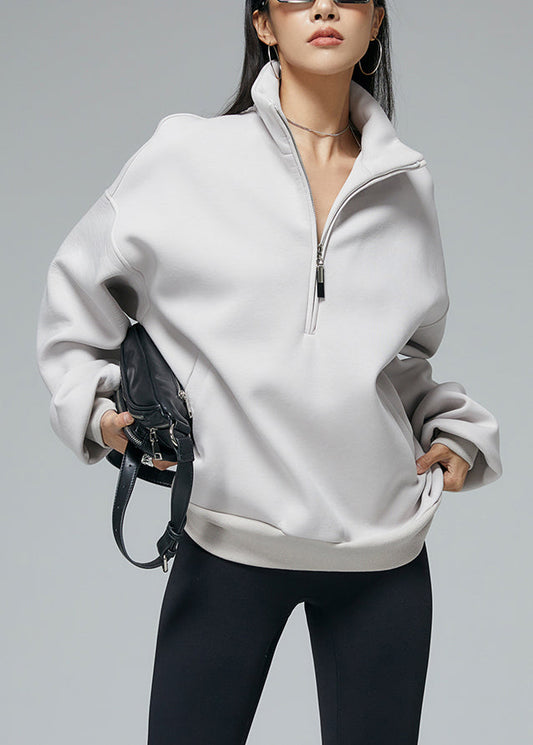 Graues Oversize-Winter-Sweatshirt mit Reißverschlusstaschen und Stehkragen aus warmem Fleece
