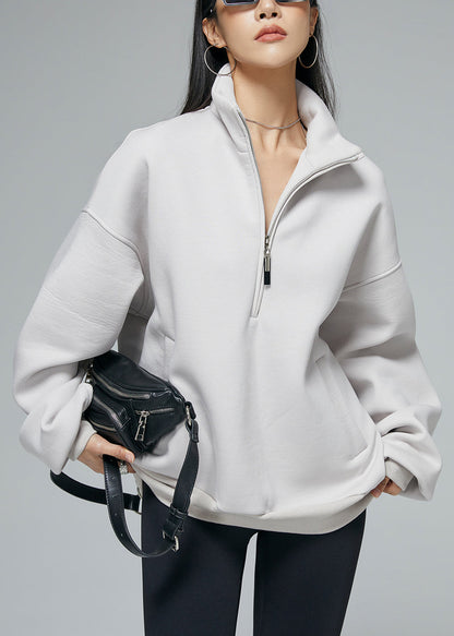 Graues Oversize-Winter-Sweatshirt mit Reißverschlusstaschen und Stehkragen aus warmem Fleece