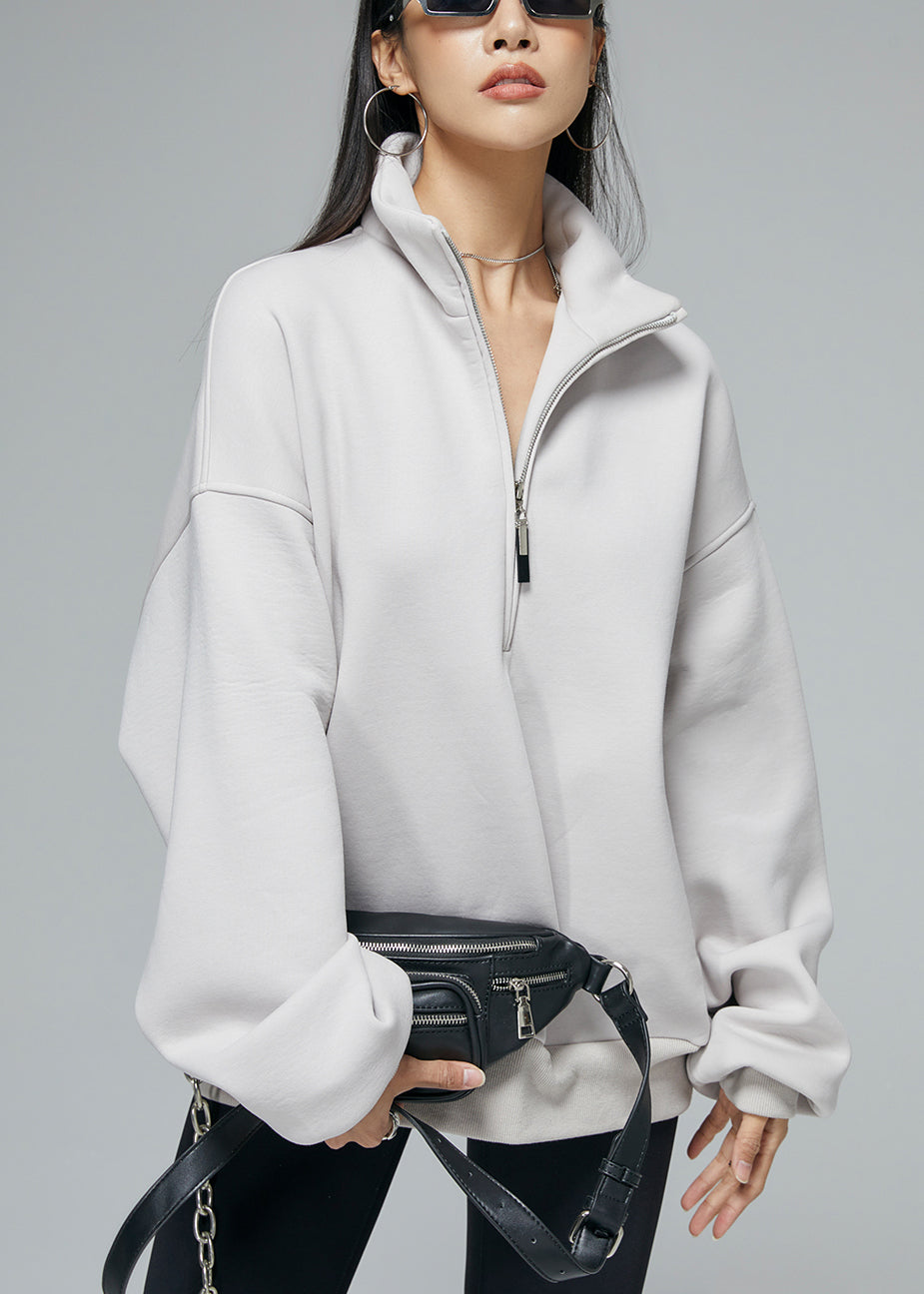 Graues Oversize-Winter-Sweatshirt mit Reißverschlusstaschen und Stehkragen aus warmem Fleece