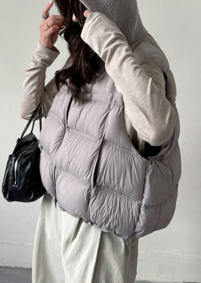 Grey Zippered Knit Patchwork Duck Down Waistcoat Hooded Sleeveless