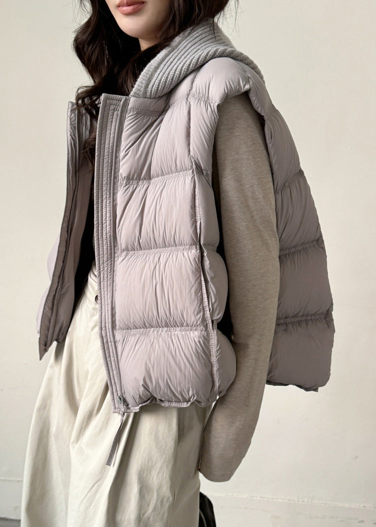 Grey Zippered Knit Patchwork Duck Down Waistcoat Hooded Sleeveless