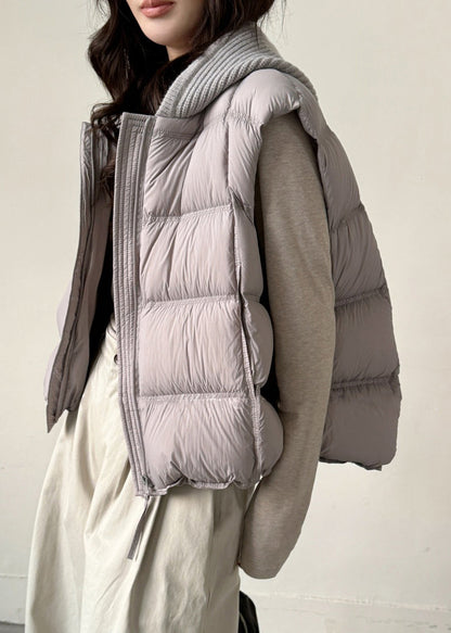 Grey Zippered Knit Patchwork Duck Down Waistcoat Hooded Sleeveless