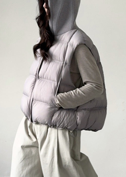 Grey Zippered Knit Patchwork Duck Down Waistcoat Hooded Sleeveless