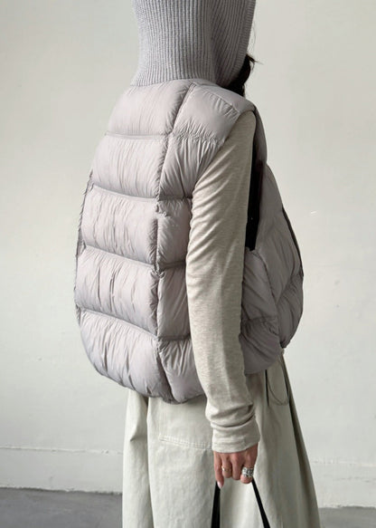 Grey Zippered Knit Patchwork Duck Down Waistcoat Hooded Sleeveless