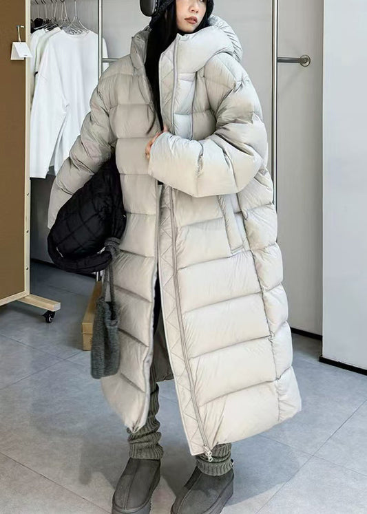 Abrigo largo de invierno con capucha y bolsillos con cremallera de plumón de pato gris